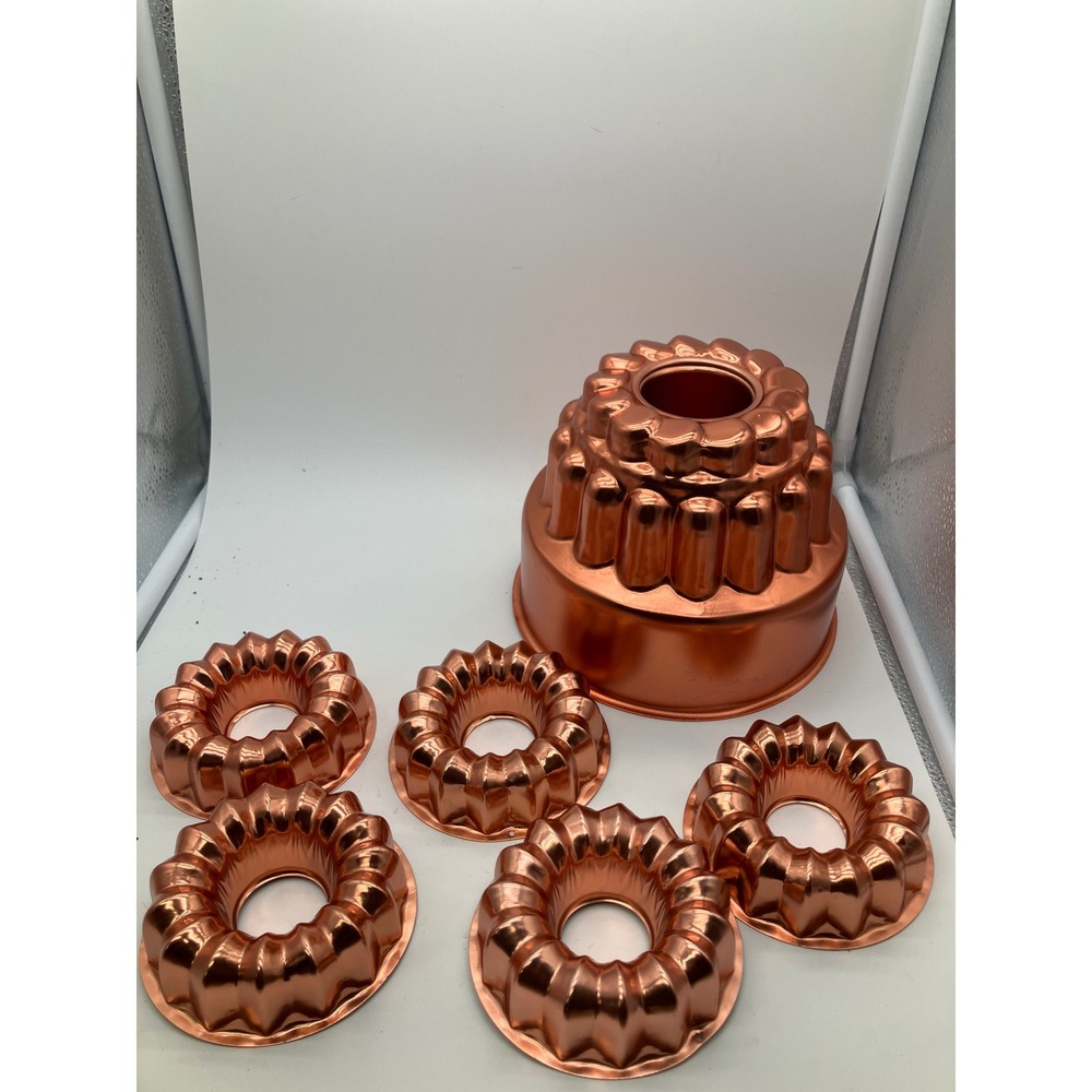 Copper Tone Aluminum Bundt Pan Set Large Fluted Cake Mold & 5 Mini Molds 6pc Set